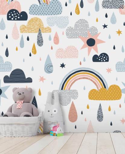 pastel regenbogen, wolken en regendruppels behang