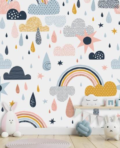 papier peint arcs-en-ciel, nuages et gouttes de pluie pastel