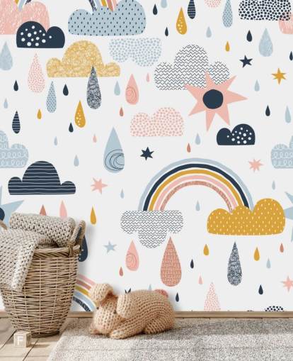 papier peint arcs-en-ciel, nuages et gouttes de pluie pastel