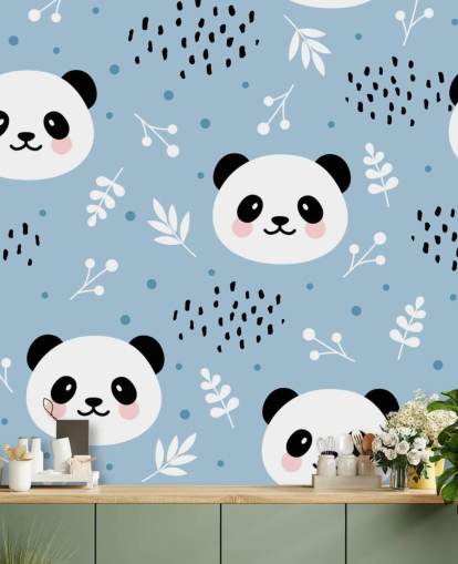 pandas fofos no papel de parede de fundo azul