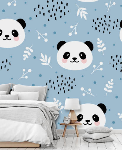 süße Pandas auf blauem Hintergrund-Tapete