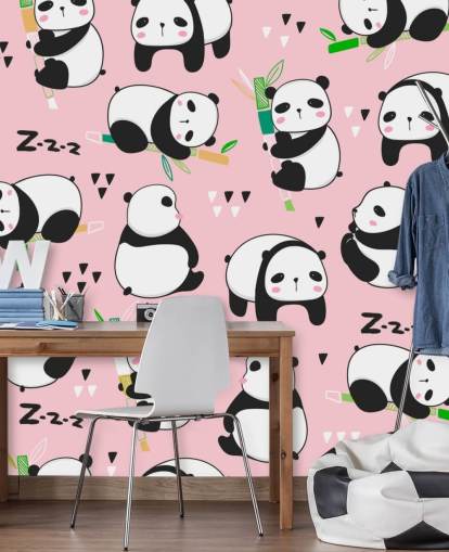 pandas de desenhos animados em papel de parede de fundo rosa