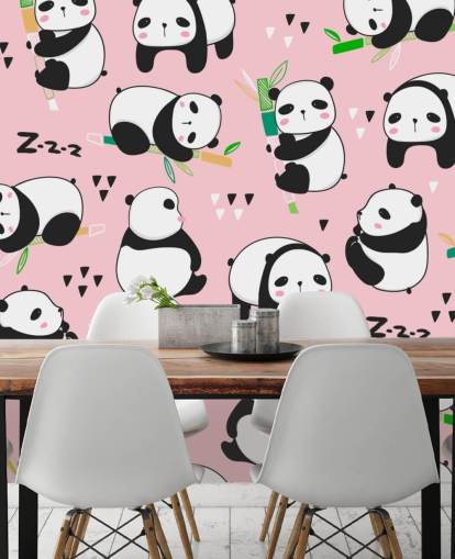 cartoon pandas on pink background wallpaper
