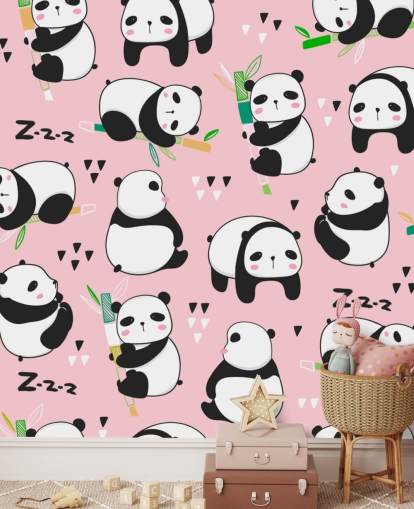pandas de desenhos animados em papel de parede de fundo rosa