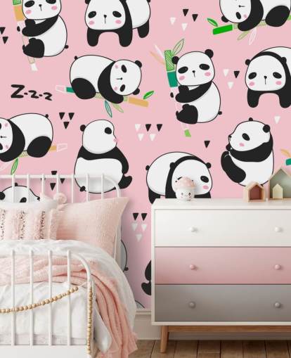 cartoon pandas on pink background wallpaper