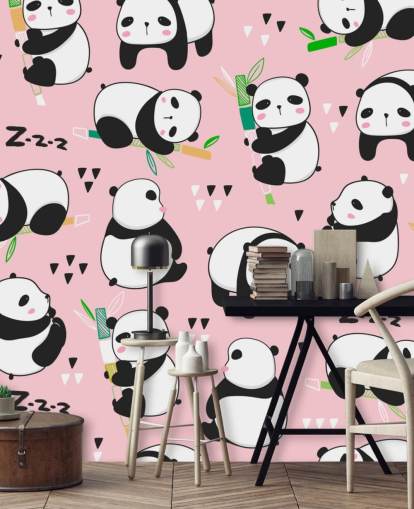 cartoon pandas on pink background wallpaper