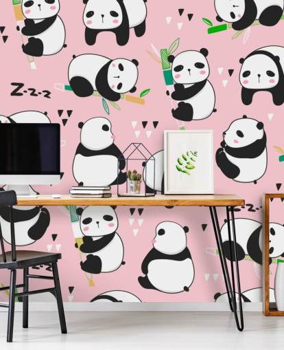 cartoon pandas on pink background wallpaper