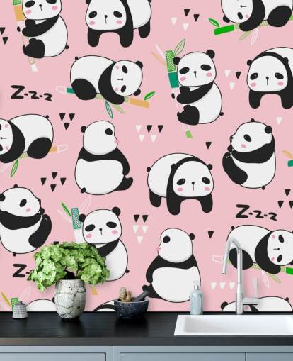 cartoon pandas on pink background wallpaper