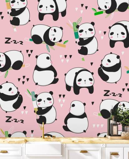 pandas de dibujos animados sobre fondo rosa