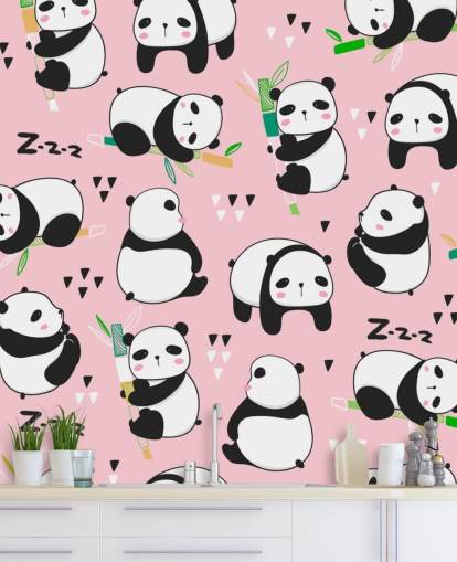 pandas de dibujos animados sobre fondo rosa