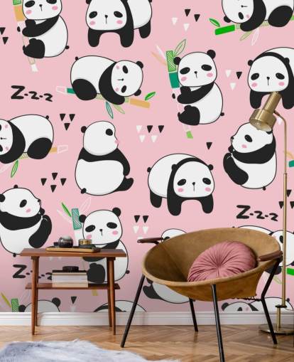 cartoon pandas on pink background wallpaper