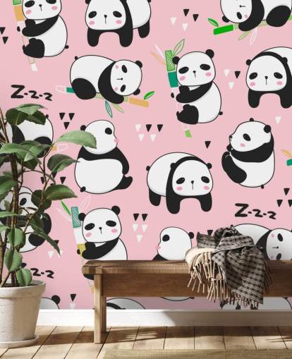 cartoon pandas on pink background wallpaper