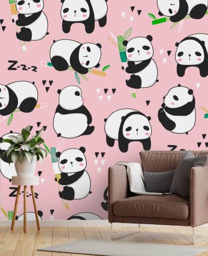 cartoon pandas on pink background wallpaper