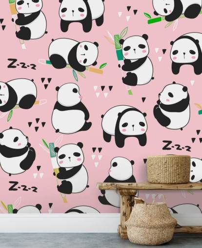 cartoon pandas on pink background wallpaper