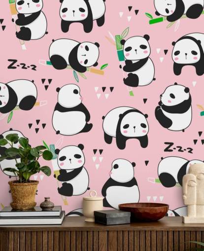 cartoon pandas on pink background wallpaper