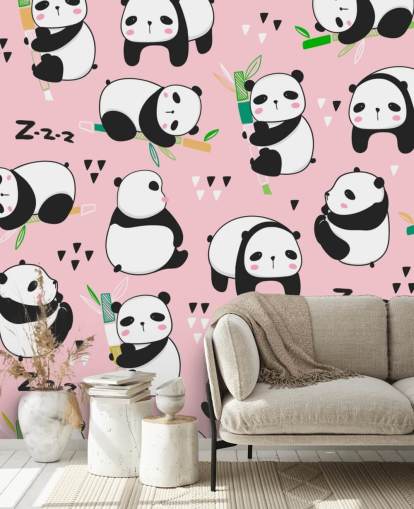 cartoon pandas on pink background wallpaper