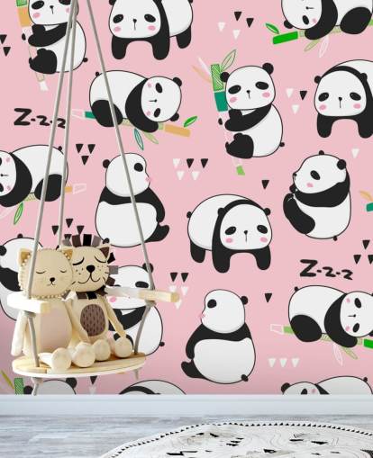 fond d'écran de dessin animé de pandas sur fond rose
