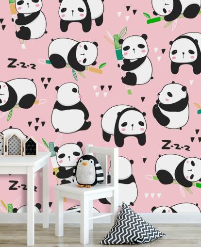 pandas de dibujos animados sobre fondo rosa