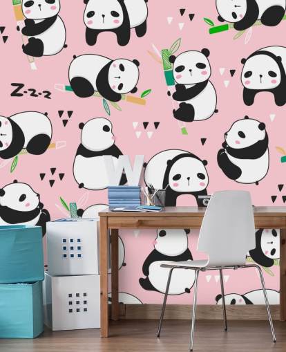 cartoon pandas on pink background wallpaper