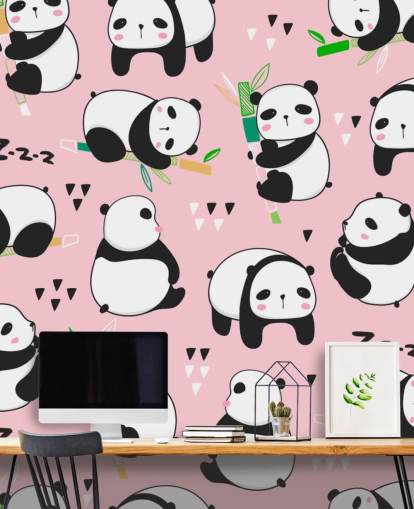 cartoon panda's op roze achtergrondbehang