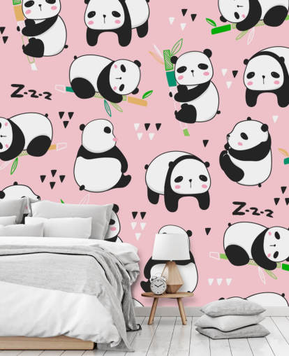 cartoon panda's op roze achtergrondbehang