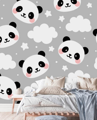 pandas fofos e nuvens no papel de parede cinza pandas fofos e nuvens no papel de parede cinza