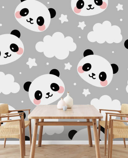 süße Pandas und Wolken auf grauer Tapete
