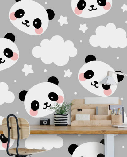 cute pandas and clouds on grey wallpaper