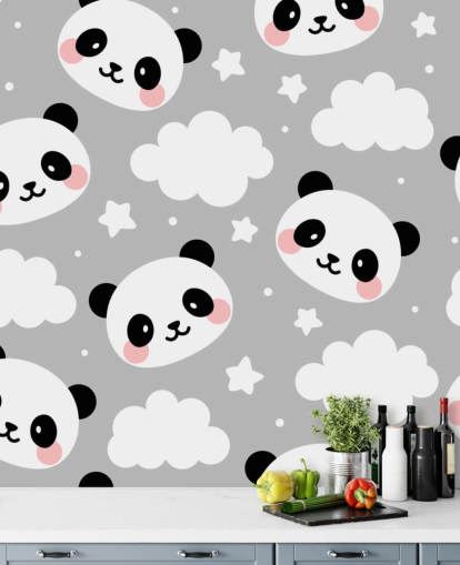 cute pandas and clouds on grey wallpaper cute pandas and clouds on grey wallpaper