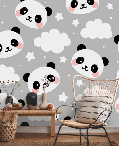 panda carini e nuvole su carta da parati grigia