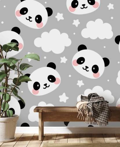 pandas fofos e nuvens no papel de parede cinza pandas fofos e nuvens no papel de parede cinza
