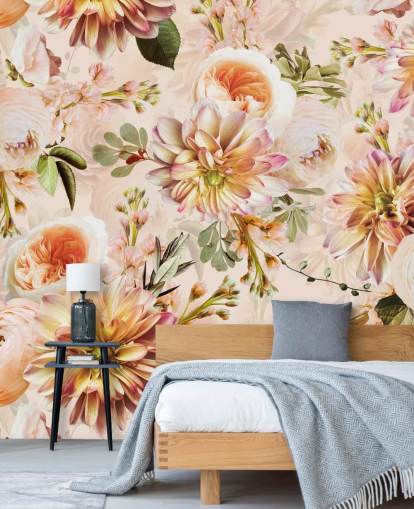 Perzikboeket Muurschildering met bloemen Perzikboeket Muurschildering met bloemen