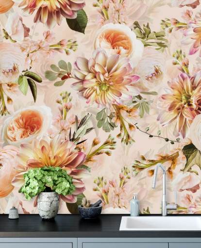 Perzikboeket Muurschildering met bloemen