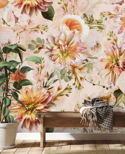 Fersken buket Floral vægmaleri