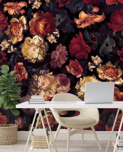 papel pintado floral rojo y morado