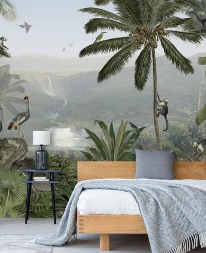 tropical cranes and monkies in jungle wallpaper