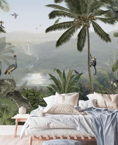 tropische kranen en monkies in jungle behang