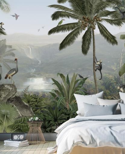 papier peint des grues tropicales et des singes dans la jungle