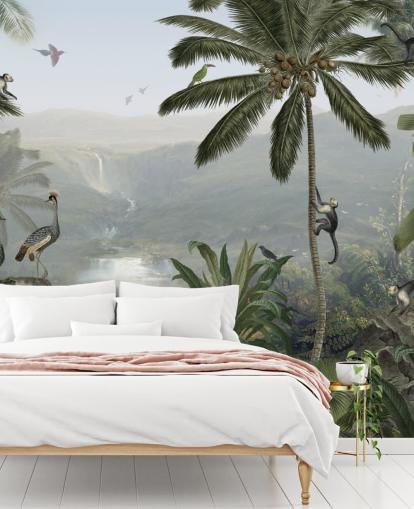 guindastes tropicais e macacos no papel de parede da selva