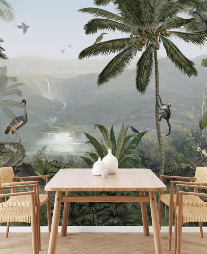 tropical cranes and monkies in jungle wallpaper