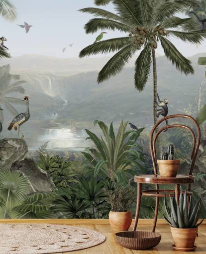 tropische kranen en monkies in jungle behang