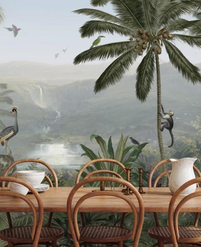 guindastes tropicais e macacos no papel de parede da selva