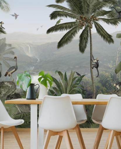 tropical cranes and monkies in jungle wallpaper