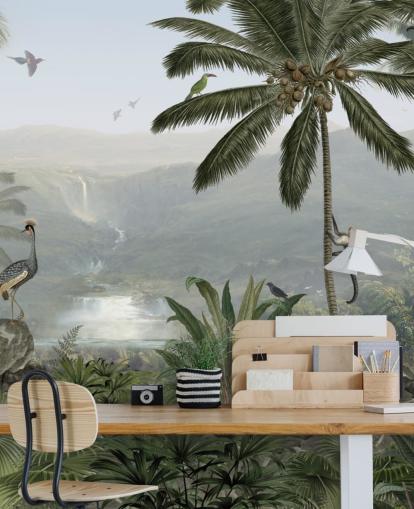 guindastes tropicais e macacos no papel de parede da selva guindastes tropicais e macacos no papel de parede da selva