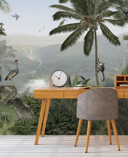 guindastes tropicais e macacos no papel de parede da selva