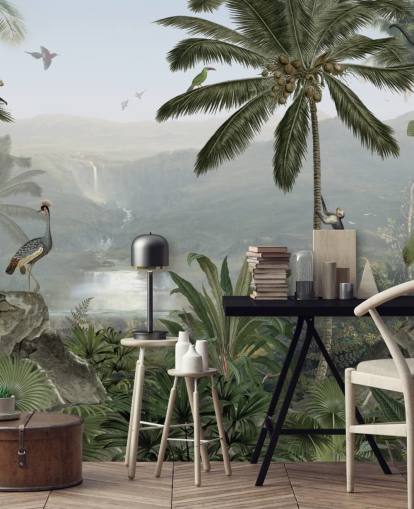 tropical cranes and monkies in jungle wallpaper
