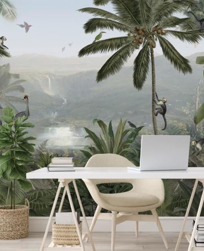 tropical cranes and monkies in jungle wallpaper tropical cranes and monkies in jungle wallpaper