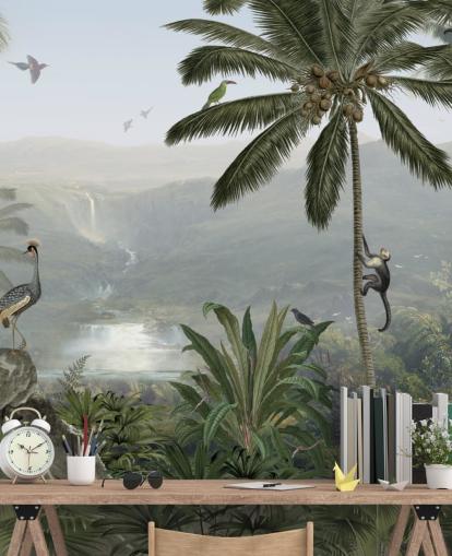 papier peint des grues tropicales et des singes dans la jungle