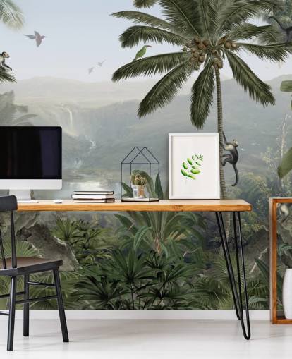 tropische kranen en monkies in jungle behang