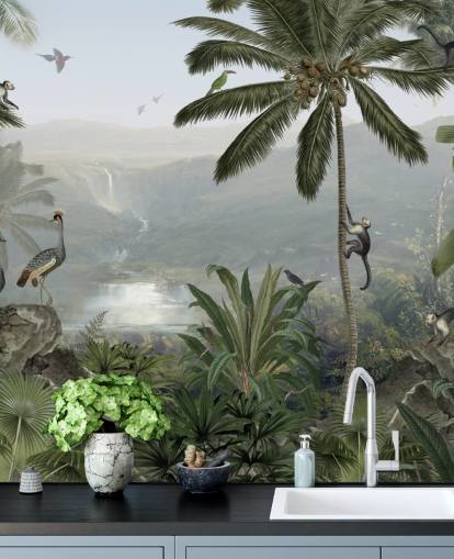 guindastes tropicais e macacos no papel de parede da selva